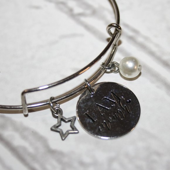 🌟 Silver ‘I AM ENOUGH’ Bangle Bracelet · Star & Pearl Accent · Empowered Minima - Picture 3 of 4